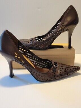BCBGirls brown leather laser-cut detailing stiletto pumps women's 9B